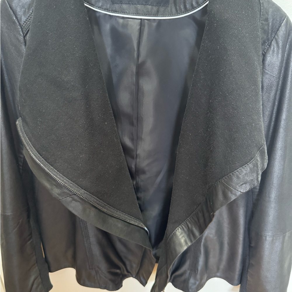 Elie Tahari Black Leather Jacket with Waterfall Design